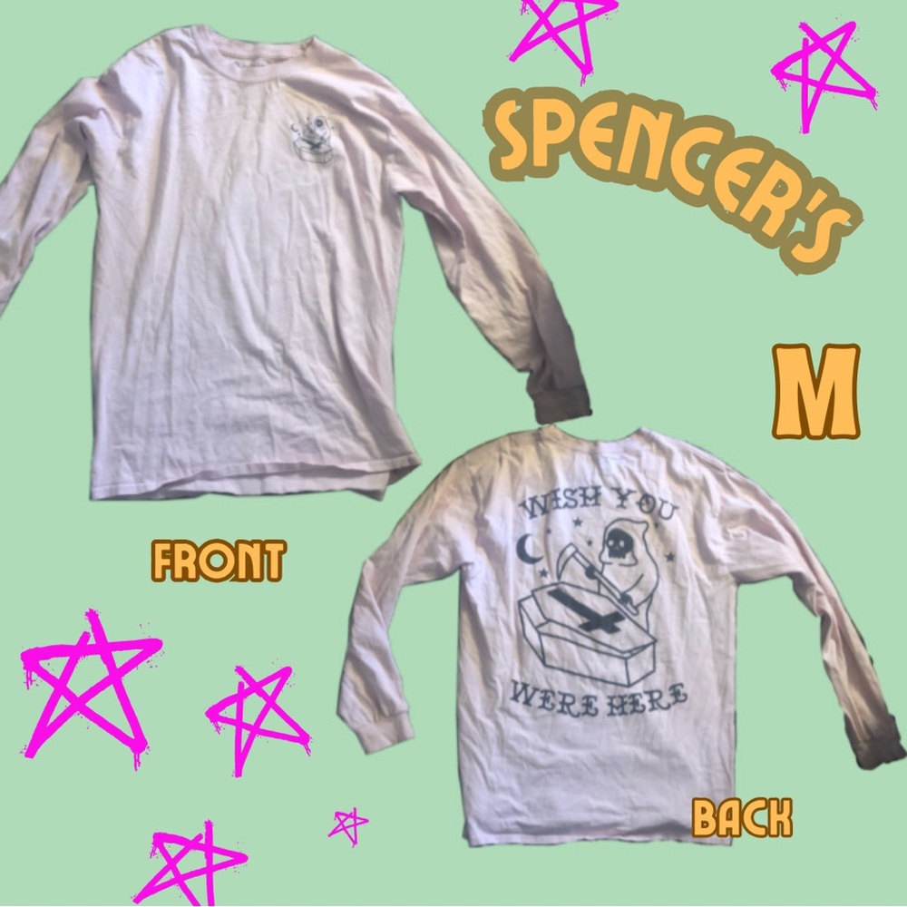 Spencer’s long sleeve “Wish you were here” Tee with cute grim reaper. Unisex, M